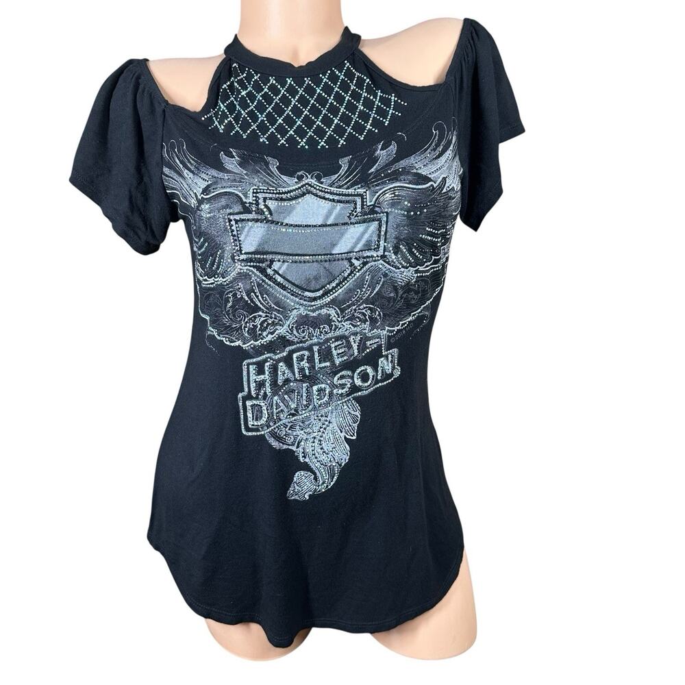 Harley Davidson Womens Black Cold Shoulder Keyhole Back Rhinestone Shirt Sz S/M